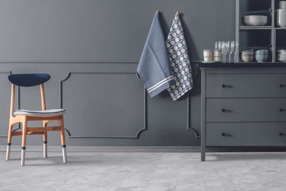 stone look luxury vinyl flooring in modern grey bathroom